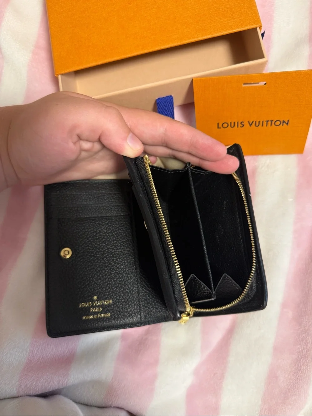 Louis Vuitton Black Pebbled Leather Bifold Wallet with Gold Hardware